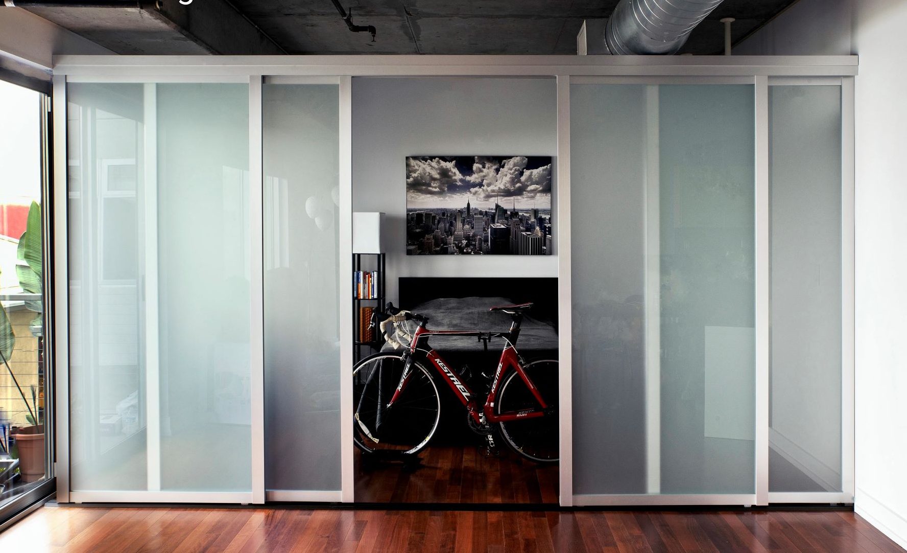 Modern room with frosted interior glass doors revealing a bicycle and framed cityscape photograph.