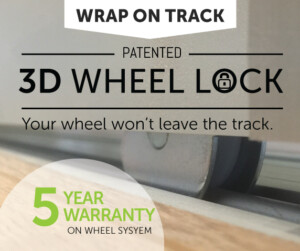 An advertisement highlighting the patented 3d wheel lock feature of a product, ensuring wheels stay on track for glass doors, with a 5-year warranty on the wheel system.
