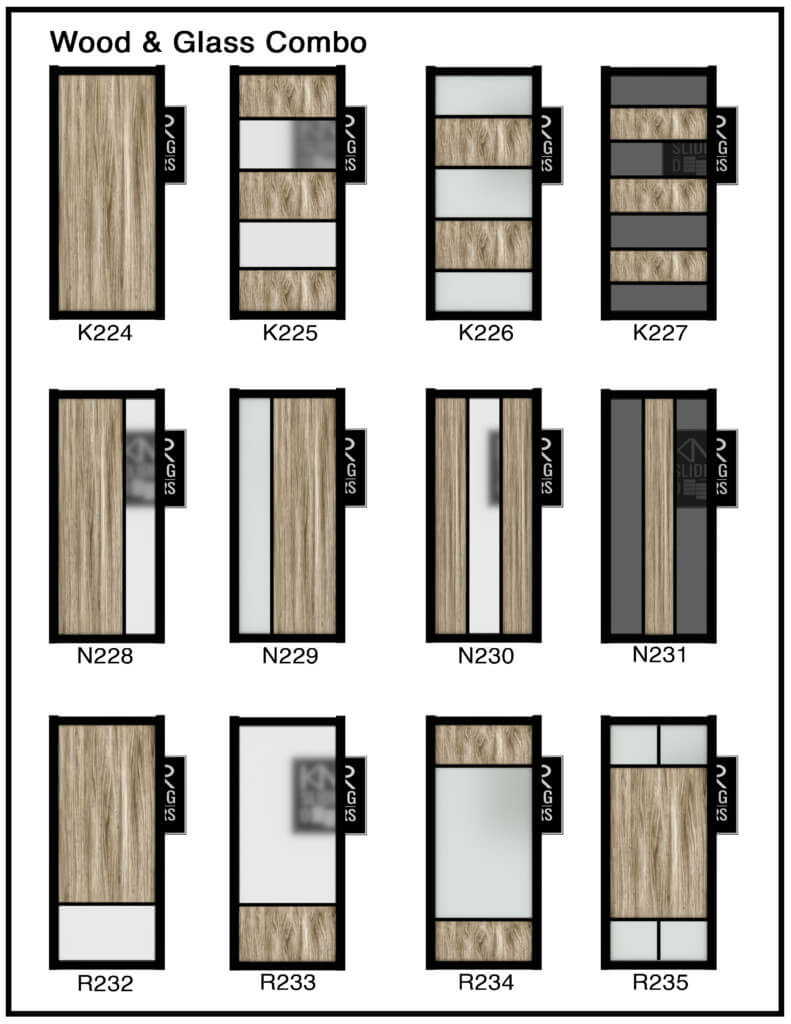 Variety of glass doors and interior doors displayed in a catalog format.