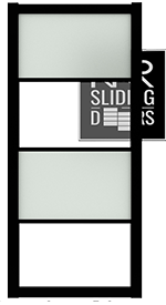 Illustration of a tall, rectangular frame divided into three sections by horizontal bars, with a logo that reads "Sliding Doors," featuring an abstract design on the right.