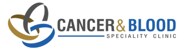 Logo for Cancer & Blood Specialty Clinic with interlocking ribbon design and text in gray and blue.