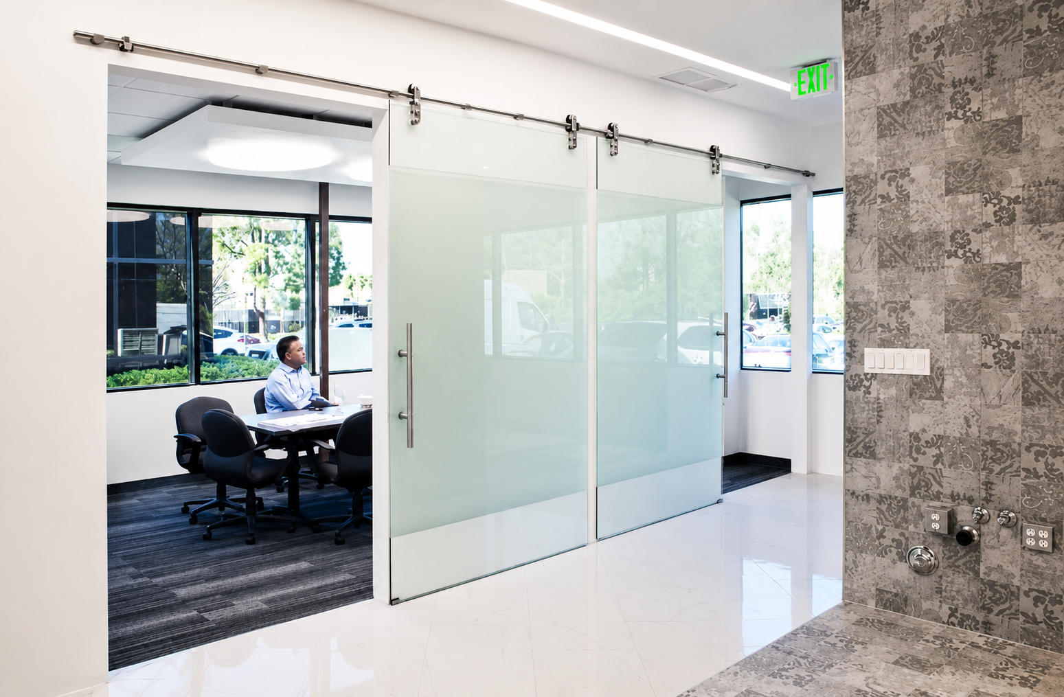 Glass barn door in an office